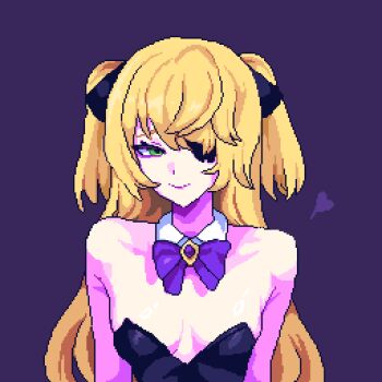 1girl black_leotard blonde_hair bow bowtie breasts breasts_apart closed_mouth commentary detached_collar eyepatch fischl_(genshin_impact) genshin_impact green_eyes hashtag-only_commentary heart highres leotard long_hair looking_at_viewer one_eye_covered pixel_art pixelcadete purple_background purple_bow purple_bowtie simple_background small_breasts smile solo strapless strapless_leotard swept_bangs two_side_up upper_body