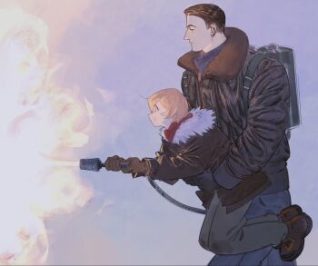 Rule 34 | 1boy, 1girl, alternate costume, black gloves, black hair, blonde hair, boots, don quixote (project moon), flamethrower, from side, full body, fur collar, gloves, highres, holding, holding flamethrower, holding weapon, limbus company, meursault (project moon), project moon, smile, snow, the thing, weapon, wenli