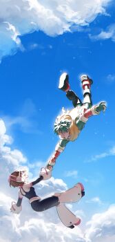 1boy 1girl black_boots blue_sky blush bodysuit boku_no_hero_academia boots breasts brown_hair closed_eyes couple falling full_body green_bodysuit green_hair hashtag-only_commentary hetero highres holding_hands laughing looking_at_another medium_breasts midoriya_izuku neckerchief open_mouth short_hair sky smile superhero_costume undodo_0 uraraka_ochako white_boots yellow_neckerchief