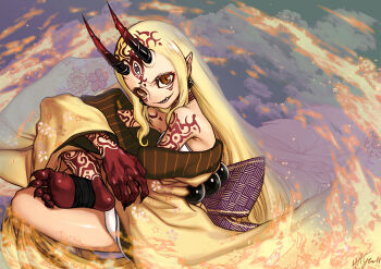 1girl akaiyou bare_shoulders blonde_hair claws fang fate/grand_order fate_(series) feet female_focus fire fire floral_pattern horns ibaraki_douji_(fate) japanese_clothes kimono legs long_hair looking_at_viewer monster_girl off_shoulder oni oni_horns pointy_ears short_kimono slit_pupils solo tattoo thighs toes wide_sleeves yellow_eyes yellow_kimono