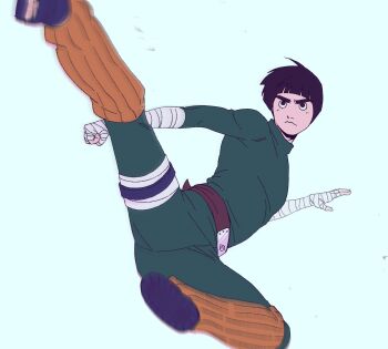Rule 34 | 1boy, bandaged arm, bandaged hand, bandages, black hair, black shoes, blue background, blunt bangs, bodysuit, bowl cut, closed mouth, ezt otk, foot out of frame, frown, furrowed brow, green bodysuit, high kick, highres, kicking, leg warmers, male focus, martial arts, naruto (series), orange leg warmers, rock lee, shoes, short hair, simple background, solo, thick eyebrows