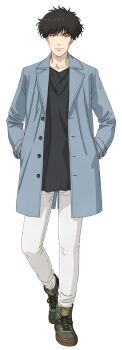 1boy black_hair black_shirt blue_jacket brown_eyes closed_mouth hands_in_pockets inazaki_robin jacket long_hair looking_at_viewer messy_hair non-web_source open_clothes open_jacket pants shirt shoes smile sneakers solo tengoku_daimakyou translation_request white_pants