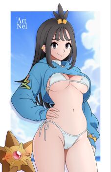 1girl artist_name artofnel bikini black_hair blue_hoodie blue_sky border bracelet breasts cameltoe closed_mouth cloud cowboy_shot cropped_hoodie cube_hair_ornament day gen_1_pokemon grey_eyes hair_ornament hand_on_own_hip highres hood hoodie jewelry lida_(pokemon) long_hair medium_breasts mega_ring navel nintendo ocean outdoors pokemon pokemon_(creature) pokemon_legends:_z-a side-tie_bikini_bottom sky smile staryu stomach swimsuit thighs topknot very_long_hair white_bikini white_border