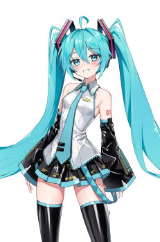 1girl absurdres ahoge aqua_eyes aqua_hair black_boots black_shirt black_sleeves blush boots breasts cowboy_shot grey_shirt grin hashtag-only_commentary hatsune_miku highres long_hair looking_at_viewer procrastinator39 shiny_clothes shirt simple_background skindentation smile solo standing teeth thigh_boots twintails very_long_hair vocaloid white_background