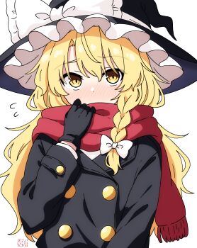 1girl absurdres black_gloves black_hat black_jacket blonde_hair blush bow braid commentary flying_sweatdrops gloves hair_bow hat hat_bow highres jacket kirisame_marisa long_hair long_sleeves looking_at_viewer pioartstuff red_scarf scarf side_braid simple_background single_braid touhou watermark white_background white_bow winter_clothes witch_hat yellow_eyes