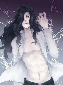 1boy abs arm_up black_hair black_pants collared_shirt commentary_request electricity electrokinesis evil_smile facing_viewer hair_over_one_eye long_hair male_focus mh31_654 michael_roa_valdamjong navel open_clothes open_fly open_shirt pants pectorals red_eyes sharp_teeth shirt sketch smile teeth tsukihime vampire wavy_hair white_shirt