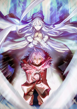 1boy 1girl anastasia_(fate) bags_under_eyes blood blood_from_mouth blue_eyes boots coat commentary_request doll fate/grand_order fate_(series) floating_hair highres holding holding_doll kadoc_zemlupus kneeling long_hair looking_at_viewer takenoko_seijin very_long_hair viy_(fate) white_hair yellow_eyes