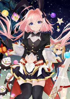 1boy 1girl absurdres ahoge androgynous animal_ears astolfo_(fate) astolfo_(saber)_(fate) astolfo_(saber)_(second_ascension)_(fate) black_bow black_bowtie black_gloves black_hairband black_thighhighs black_vest blonde_hair blue_eyes bow bowtie box bradamante_(fate) branch buttons christmas closed_mouth clothing_cutout cowboy_shot cropped_vest detached_sleeves eyelashes fake_animal_ears fang fate/apocrypha fate/grand_order fate_(series) gift gift_box gleam gloves gold_trim hair_bow hair_intakes hairband highres hippogriff_(fate) lapels leg_up light_particles long_hair male_focus multicolored_hair navel navel_cutout notched_lapels official_alternate_costume phanta pink_hair purple_eyes rabbit_ears sheath sheathed skindentation sky smile sparkle star_(sky) star_(symbol) starry_sky streaked_hair sword thighhighs trap twintails two-sided_sleeves two-tone_hair very_long_hair vest weapon white_hair wide_sleeves wing_collar zettai_ryouiki