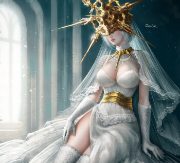 1girl breasts cleavage commentary covered_eyes crown dark_souls_(series) dark_souls_i dark_sun_gwyndolin develvdeva elbow_gloves english_commentary genderswap genderswap_(mtf) gloves indoors large_breasts short_hair sitting solo veil white_gloves white_hair window