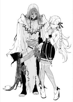 azrael_(grand_assassin)_(fate) bow braid breasts chain commentary_request fate/grand_order fate_(series) hair_between_eyes hair_bow hair_ornament high_heels highres large_breasts long_hair muscular muscular_male olga_marie_animusphere olga_marie_animusphere_(unbeast) scar skirt skull staring sweatdrop syatey thighhighs torn_clothes very_long_hair