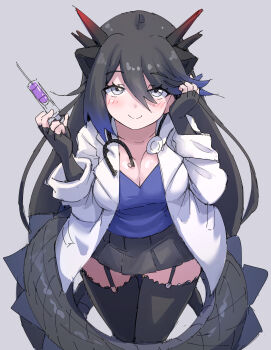 1girl absurdres animal_ears black_dragon_(kemono_friends) black_hair breasts cleavage coat dragon_girl dragon_horns dragon_tail elbow_gloves extra_ears fingerless_gloves garter_straps gloves grey_background grey_eyes highres holding holding_syringe horns kemono_friends large_breasts long_hair looking_at_viewer lowlandgorilla shirt simple_background skirt solo stethoscope syringe tail thighhighs white_coat