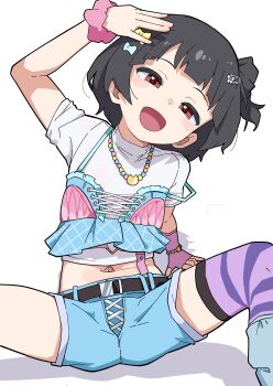 1girl :d absurdres arm_up arms_up belt black_belt black_hair blue_bow blue_shorts blush bow brown_eyes commentary fingerless_gloves gloves hair_bow hair_ornament highres idolmaster idolmaster_million_live! idolmaster_million_live!_theater_days jewelry looking_at_viewer midriff nakatani_iku navel necklace ohgi910 one_side_up open_mouth paid_reward_available pink_gloves pink_scrunchie purple_thighhighs scrunchie shirt short_hair short_shorts short_sleeves shorts simple_background single_glove smile solo spread_legs striped_clothes striped_thighhighs swimsuit_over_clothes thighhighs white_background white_shirt wrist_scrunchie yellow_bow