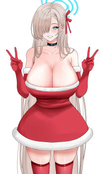 1girl absurdres asuna_(blue_archive) bare_shoulders blonde_hair blue_archive blue_eyes blue_halo blush breasts choker christmas cleavage collarbone double_v dress elbow_gloves fur-trimmed_dress fur-trimmed_gloves fur_trim fuyu_nur gloves grin hair_over_one_eye hair_ribbon halo hat highres large_breasts long_hair looking_at_viewer off-shoulder_dress off_shoulder red_dress red_gloves red_thighhighs ribbon santa_costume santa_dress santa_hat smile solo thighhighs thighs v very_long_hair white_background