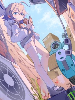 1girl absurdres ahoge alley barefoot bikini bikini_bottom_only blue_eyes blue_sky box can cardboard_box cellphone coca-cola corded_phone day drink_can ebay feet flat_chest grey_hair hair_between_eyes highres hood hooded_jacket jacket legs leng_guang_jiu_juan loli looking_at_phone monster_energy motor_vehicle open_clothes open_jacket original payphone phone receiver saliva saliva_trail scooter shoes single_shoe single_thighhigh sky smartphone soda_can solo standing standing_on_one_leg swimsuit thighhighs toes white_thighhighs