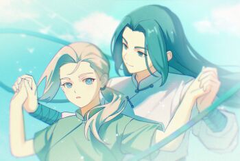 1boy 1girl aqua_eyes awsj7858 black_hair blue_eyes blue_sky blue_theme chinese_clothes cloud cloudy_sky commentary_request grey_hair highres holding_hands long_hair long_sleeves looking_at_viewer luo_xiaohei_zhanji luye_(the_legend_of_luoxiaohei) parted_lips ponytail shadow short_sleeves sky smile upper_body wuxian_(the_legend_of_luo_xiaohei)