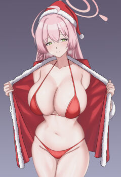 1girl ahoge bikini blue_archive blush braid breasts capelet christmas cleavage commentary cyka fur_trim green_eyes hair_between_eyes halo hanako_(blue_archive) hat highres huge_breasts large_breasts long_hair looking_at_viewer merry_christmas pink_hair pink_halo red_bikini red_capelet santa_bikini santa_costume santa_hat smile swimsuit symbol-only_commentary