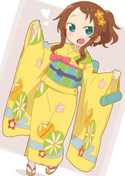 Rule 34 | 1girl, blue eyes, brown hair, commentary request, highres, japanese clothes, kimono, kobayashi-san chi no maidragon, long sleeves, obi, open mouth, ponytail, saikawa riko, samansa ex, sandals, sash, socks, solo, tabi, white socks, wide sleeves, yellow kimono, zouri