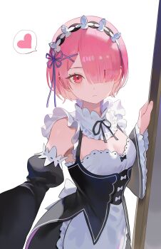 1girl absurdres apron bare_shoulders black_dress black_ribbon black_sleeves blue_ribbon blush breasts cleavage closed_mouth commentary_request cowboy_shot detached_sleeves doorway dress frilled_apron frilled_sleeves frills hair_ornament hair_over_one_eye hair_ribbon heart highres looking_at_viewer maid maid_headdress multicolored_dress nbee_ya pink_hair ram_(re:zero) re:zero_kara_hajimeru_isekai_seikatsu red_eyes ribbon roswaal_mansion_maid_uniform short_hair small_breasts solo speech_bubble standing thought_bubble two-tone_dress white_apron white_dress wide_sleeves x_hair_ornament