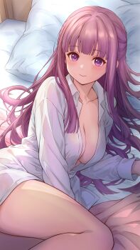 Rule 34 | 1girl, bed, bed sheet, blanket, blunt bangs, blunt ends, blush, breasts, cleavage, closed mouth, collarbone, collared shirt, commentary request, dress shirt, fern (sousou no frieren), highres, long hair, long sleeves, looking at viewer, medium breasts, mikan mizu, on bed, pillow, purple eyes, purple hair, shirt, sidelocks, smile, solo, sousou no frieren, thighs, unbuttoned, unbuttoned shirt, white shirt