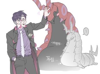 ... 1boy :d affectionate arm_up black-framed_eyewear black_coat black_hair black_pants blush_stickers coat collared_shirt corbeau_(pokemon) gen_5_pokemon glasses hand_in_pocket hand_up highres long_sleeves male_focus necktie nintendo open_clothes open_coat open_mouth pants petting pkmnrkgk pokemon pokemon_(creature) pokemon_legends:_z-a purple_shirt round_eyewear scolipede shirt short_hair smile spoken_ellipsis teeth