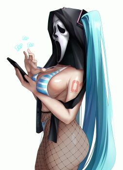 1girl absurdres arm_tattoo artist_name bikini breasts cellphone commentary cosplay english_commentary fishnet_pantyhose fishnets from_side ghostface ghostface_(cosplay) hands_up hatsune_miku highleg highleg_bikini highres holding holding_phone inkspirate instagram_logo instagram_username large_breasts mask pantyhose phone scream_(movie) sideboob simple_background smartphone standing striped_bikini striped_clothes swimsuit tattoo thighs twintails upper_body vocaloid white_background