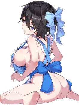 1girl apron apron_pull ass black_hair blue_apron blue_bow blush bow breasts butt_crack clothes_pull commentary_request dolphin_wave frilled_apron frills from_behind hair_between_eyes hair_bow highres large_breasts looking_at_viewer looking_back naked_apron official_alternate_costume orca65536 parted_lips pulling_own_clothes purple_eyes short_hair sideboob sitting solo suminoe_shion sweatdrop wariza