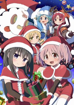 5girls akemi_homura alternate_costume black_eyes black_hair blonde_hair blue_eyes blue_hair blush box christmas_ornaments commentary_request dress feet_out_of_frame gift gift_box gloves hat highres kaname_madoka long_hair looking_at_viewer mahou_shoujo_madoka_magica miki_sayaka multiple_girls night open_mouth outdoors pink_eyes pink_hair pointing red_eyes red_gloves red_hair riuriumagi sakura_kyoko santa_costume santa_dress santa_hat short_hair sky smile star_(sky) starry_sky teeth thighhighs tomoe_mami white_thighhighs yellow_eyes