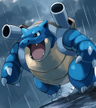 black_eyes blastoise claws gen_1_pokemon grey_sky looking_ahead mud nintendo no_humans nostrils open_mouth outdoors overcast pokemon pokemon_(creature) rain running sky solo tesshii_(riza4828) water_drop wet