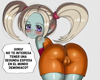 1girl absurdres alpha_transparency ass bent_over blue_skin blush cleft_of_venus closed_mouth colored_skin cowboy_shot dragon_ball dragon_ball_daima female_focus from_behind gluteal_fold highres huge_filesize japanese_text leaning_forward loli looking_at_viewer looking_back ojoqtlv pansy_(dragon_ball_daima) parted_lips pointy_ears purple_eyes short_twintails sidelocks singlet smile solo spanish_text speech_bubble sweat thighs translated twintails white_hair