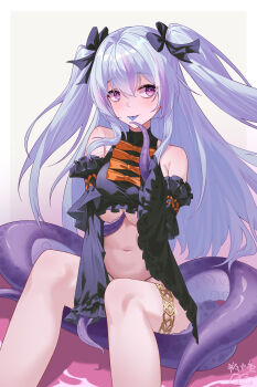 1girl :p absurdres adventure_(azur_lane) adventure_(master_of_the_safe_house)_(azur_lane) azur_lane bare_shoulders black_ribbon black_sleeves blue_hair blue_tongue bow breasts colored_tongue detached_sleeves frilled_sleeves frills gold_thighlet hair_ribbon highres jewelry long_hair looking_to_the_side medium_breasts multicolored_hair navel official_alternate_costume orange_bow ping_zhong_yu purple_eyes purple_hair purple_streaks ribbon signature simple_background solo stomach streaked_hair tentacle_arm tentacles thighlet tongue tongue_out two_side_up underboob white_background