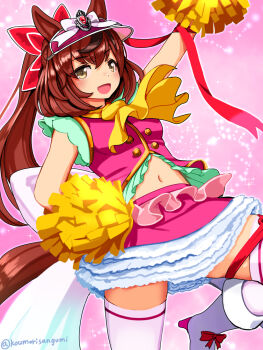 Rule 34 | 1girl, animal ears, arm up, ascot, boots, breasts, brown hair, commentary request, commission, frilled skirt, frills, gumakara, hand on own hip, high heel boots, high heels, horse ears, horse girl, horse tail, long hair, miniskirt, navel, nice nature (umamusume), open mouth, pom pom (cheerleading), ponytail, skeb commission, skirt, small breasts, smile, solo, standing, standing on one leg, tail, thighhighs, twitter username, umamusume, visor cap, white boots, white thighhighs, yellow ascot