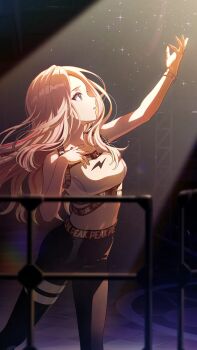 1girl blonde_hair blue_eyes english_text forehead gakuen_idolmaster game_cg hand_on_own_chest idolmaster juo_sena multicolored_hair official_art open_mouth pants pink_hair profile reaching solo sparkle sports_bra sportswear spotlight yoga_pants