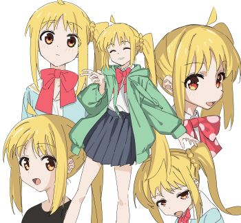 1girl ^_^ absurdres ahoge black_skirt blonde_hair bocchi_the_rock! bow bowtie braid braided_base breasts choppy_bangs closed_eyes commentary_request detached_ahoge feet_out_of_frame green_jacket highres hood hooded_jacket houwashiteiru ijichi_nijika jacket looking_at_viewer multiple_views open_clothes open_jacket open_mouth pleated_skirt polka_dot polka_dot_bow polka_dot_bowtie portrait red_bow red_bowtie red_eyes school_uniform shimokitazawa_high_school_uniform shirt shirt_tucked_in side_ponytail side_ponytail_with_braided_base sidelocks simple_background skirt small_breasts v white_background white_shirt