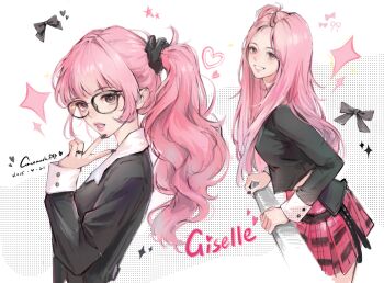 1girl aespa against_railing black-framed_eyewear black_bow black_shirt blunt_bangs bow character_name chinese_commentary commentary_request cowboy_shot giselle_(aespa) hair_down hair_up hand_up heart highres k-pop long_hair long_sleeves looking_at_viewer loose_hair_strand multiple_views one_side_up parted_lips pink_eyes pink_hair plaid_clothes plaid_skirt railing real_life red_skirt shirt side_ponytail sidelocks simple_background skirt smile sparkle teeth upper_body v wavy_hair white_background yeziii