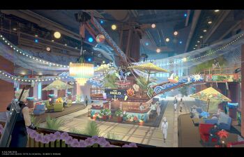 absurdres armor armored_gloves ball beachball black_hair blonde_hair blue_pants bomb_(final_fantasy) buster_sword chandelier chocobo cloud_strife concept_art dolphin final_fantasy final_fantasy_vii final_fantasy_vii_rebirth final_fantasy_vii_remake green_shirt grey_shorts hat highres materia moogle official_art pants pauldrons sailor sailor_hat shirt short_hair shorts shoulder_armor single_pauldron sitting sleeveless sleeveless_turtleneck spiked_hair square_enix sword sword_on_back turtleneck umbrella weapon weapon_on_back yuffie_kisaragi