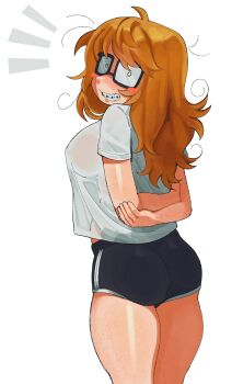 arm_freckles arms_behind_back ass body_freckles braces commentary english_commentary freckles from_behind grin heart-shaped_blush_stickers highres jimiko kibyland looking_at_viewer looking_back messy_hair original rectangular_eyewear see-through_clothes see-through_shirt shirt simple_background smile stephanie_finch_(kibyland) thighs wet wet_clothes wet_shirt white_background white_shirt