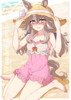 1girl absurdres animal_ears bare_shoulders beach blue_eyes blush breasts collarbone crossed_bangs ears_through_headwear grey_hair hair_between_eyes hair_ornament hat highres horse_ears horse_girl horse_tail long_hair looking_at_viewer low_twintails multicolored_hair ocean official_alternate_costume one-piece_swimsuit open_mouth outdoors pink_one-piece_swimsuit revision sitting small_breasts smile solo straw_hat streaked_hair sun_hat swimsuit szykkz tail twintails umamusume wariza water wonder_acute_(that_summer's_cut-off_line)_(umamusume) wonder_acute_(umamusume)