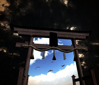 3d bird contrast crow highres mikumikudance_(medium) no_humans original rain rope scenery shide shimenawa storm_cloud surreal torii yasiro_(oyasiro35)