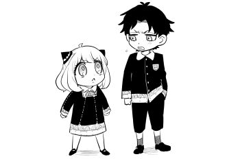 1boy 1girl :< absurdres ahoge anya_(spy_x_family) ayuhata_toba blush buttons child clenched_hand collared_shirt commentary_request cross_tie curtained_hair damian_desmond dress eden_academy_school_uniform flying_sweatdrops full_body greyscale hairpods hand_in_pocket highres jacket loafers long_sleeves looking_at_another mary_janes monochrome open_mouth ribbed_socks sad school_uniform shirt shoes short_hair simple_background socks spy_x_family standing white_background