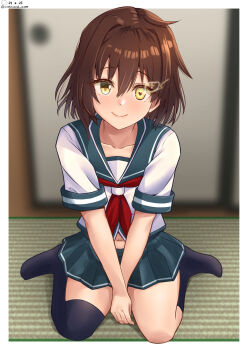 1girl blush border breasts brown_hair dated furutaka_(kancolle) glowing glowing_eye hair_ornament hairclip highres indoors kantai_collection kerchief looking_at_viewer neckerchief pleated_skirt red_neckerchief school_uniform serafuku shiromaru_(maniado) short_hair single_thighhigh sitting skirt sliding_doors small_breasts smile solo tatami thighhighs wariza white_border yellow_eyes