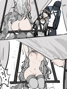 1boy absurdres arknights arms_up ball_gag blush breasts cuffs gag hatsuyuki_(kancolle) highres kneeling long_hair multiple_tails nipples nude sweat tail whate=3r