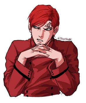 Rule 34 | 1boy, bakapandy, boruto: naruto next generations, chinese clothes, commentary, cropped torso, english commentary, forehead tattoo, gaara (naruto), interlocked fingers, jacket, male focus, naruto (series), red hair, red jacket, solo, sweatdrop, tattoo, tumblr username, upper body