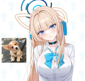 1girl ? black_choker blonde_hair blue_archive blue_eyes blue_halo blush breasts button_gap choker cleavage collared_shirt commentary_request covered_erect_nipples face_filter hair_intakes halo head_tilt large_breasts long_eyelashes long_hair looking_at_viewer melt_(melt_out1) partially_unbuttoned reference_photo shirt solo toki_(blue_archive) white_shirt