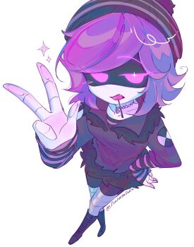 1girl arm_warmers black_boots black_choker black_dress boots candy choker commentary dress english_commentary fang food foreshortening full_body fur-trimmed_dress fur_trim glowing glowing_eyes hand_on_own_hip hat highres humanoid_robot lollipop lollipop_in_mouth looking_at_viewer murder_drones nanarauwu pendant_choker purple_eyes purple_hair robot short_hair simple_background solo sparkle standing striped_arm_warmers striped_hat twitter_username two-tone_arm_warmers uzi_(murder_drones) w white_background