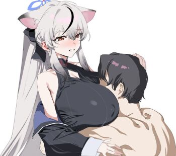 Rule 34 | 1boy, 1girl, animal ears, banssee, bare shoulders, black dress, black hair, blue archive, blue halo, blush, breasts, brown eyes, commentary request, covered erect nipples, dress, extra ears, face to breasts, grey hair, grin, halo, hand on another's head, hetero, hug, huge breasts, kokona (blue archive), korean commentary, long hair, multicolored hair, simple background, smile, solo focus, streaked hair, white background