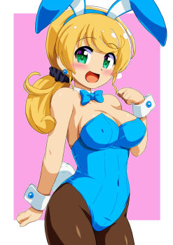 1girl animal_ear_hairband animal_ears blonde_hair blue_bow blue_bowtie blue_leotard bow bowtie breasts brown_pantyhose commentary_request cosplay covered_navel detached_collar dragon_quest dragon_quest_iii ellen_baker fake_animal_ears gadabout_(dq3) gadabout_(dq3)_(cosplay) green_eyes hairband large_breasts leotard low_ponytail mizusaki_johnko new_horizon pantyhose playboy_bunny ponytail rabbit_ears rabbit_tail smile solo strapless strapless_leotard tail wrist_cuffs