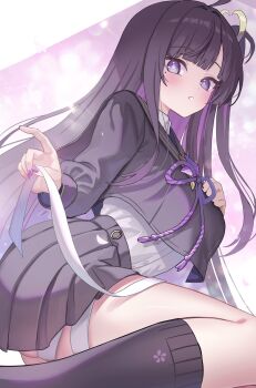 1girl ahoge black_hair black_shirt black_skirt black_socks blush breasts chitose_(stella_sora) colored_inner_hair highres large_breasts layered_shirt long_hair looking_at_viewer madopen multicolored_hair pleated_skirt purple_eyes purple_hair shirt side_ponytail skirt socks solo stella_sora white_shirt