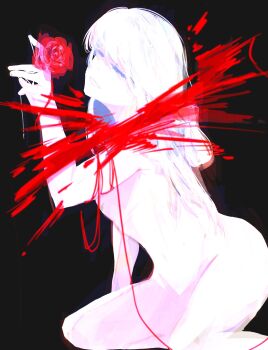1girl animification black_background censored closed_eyes commentary flower hand_up harumi_(ninjago) highres korean_commentary long_hair ninjago nude rose scribble_censor silk simple_background smile solo spider_web stonemoon61 string string_of_fate white_hair white_theme