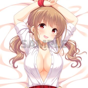 1girl arms_up blush breasts brown_hair dakimakura_(medium) girlfriend_(kari) large_breasts long_hair looking_at_viewer official_art open_clothes open_shirt partially_unbuttoned plaid_clothes plaid_skirt red_eyes red_skirt sakaida_natsumi sample_watermark second-party_source shirt skirt small_sweatdrop smile solo twintails upper_body watermark white_shirt