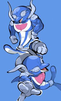 aaarkgkaaa absurdres blue_background blue_sclera clenched_hand colored_sclera commentary_request highres muscular nintendo no_humans open_mouth palafin palafin_(hero) pokemon pokemon_(creature) pokemon_focus simple_background smile white_eyes